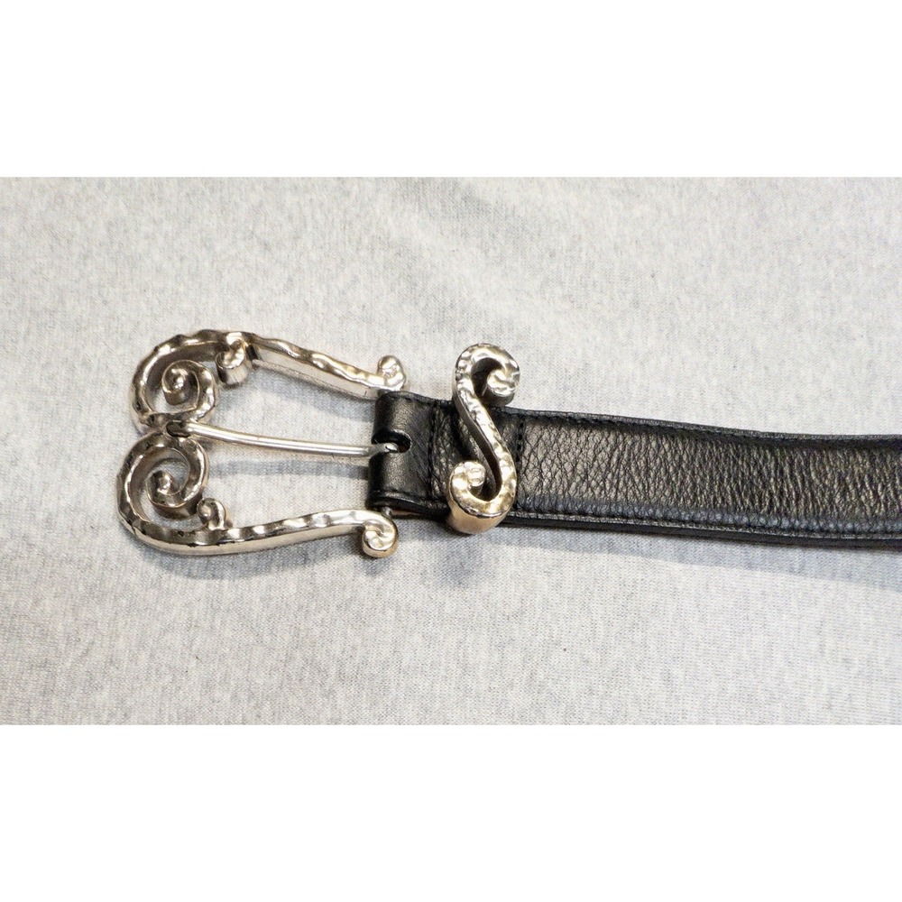 Vtg Brighton Black Leather Womens Belt Silver Scroll Buckle Size 34 Made In USA